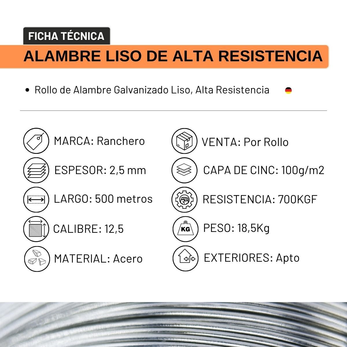 Alambre de Alta Resistencia 700 KGF calibre 12,5mm - Imagen 3