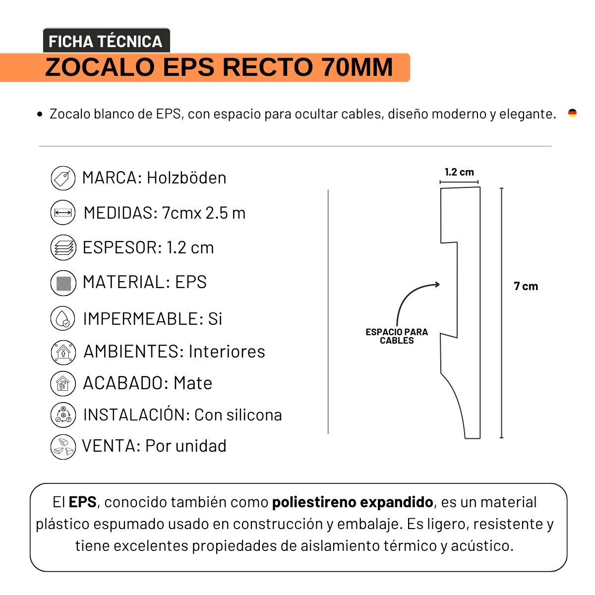 Zócalo EPS Blanco Liso Recto 7cm - Imagen 5